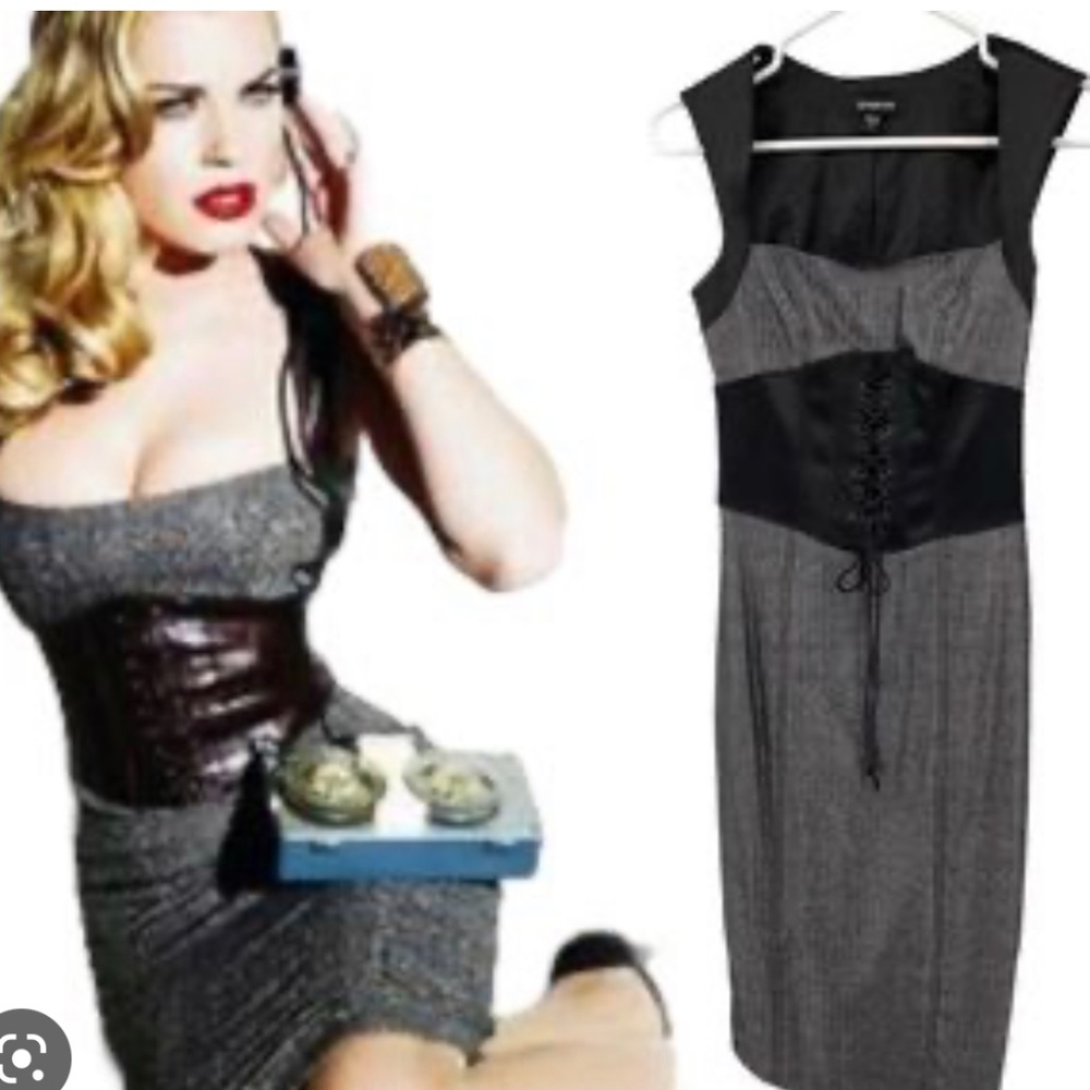 Corset and leather black and gray herringbone dress (size 6)
